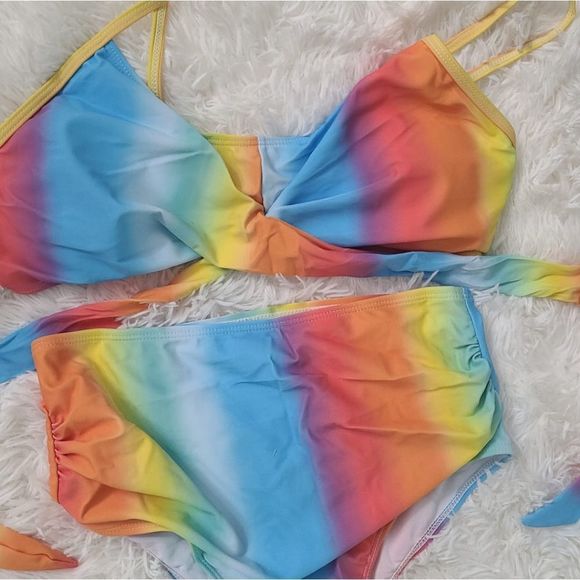 Summer sexy bikini print neon beach wear pool suim suit high waist tie multi col - Picture 3 of 6